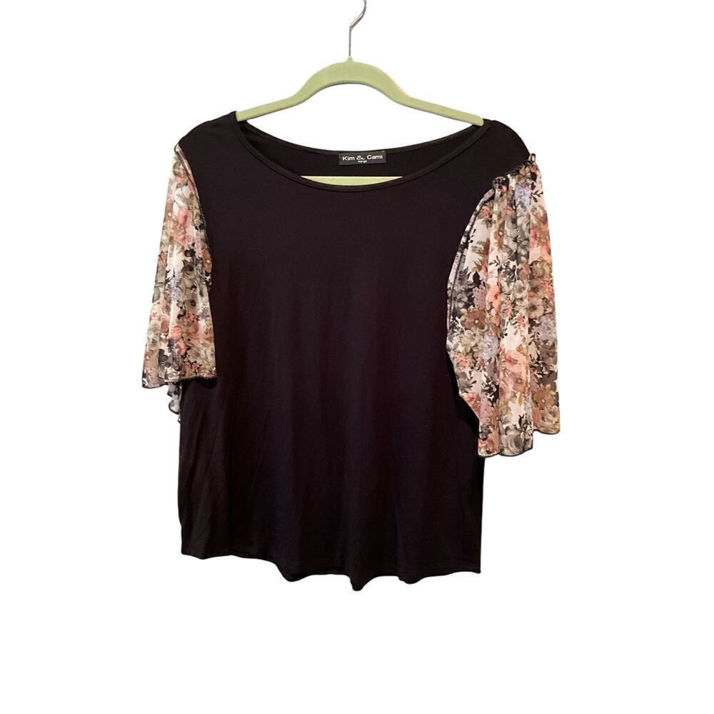 Kim‎ & Cami Top Women's L Black Rayon Stretch Boat Neck Flutter Sleeves Pullover